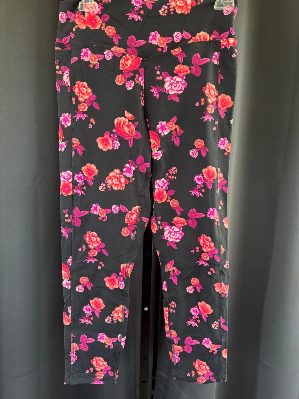 PINK Victoria's Secret Girls' Black Leggings with Pink & Red Floral Print - Picture 1 of 3